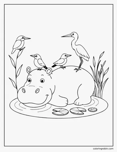 Hippo and Bird Friends coloring page