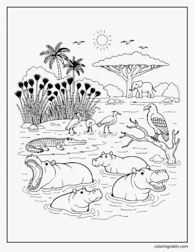 Hippos in the African River coloring page