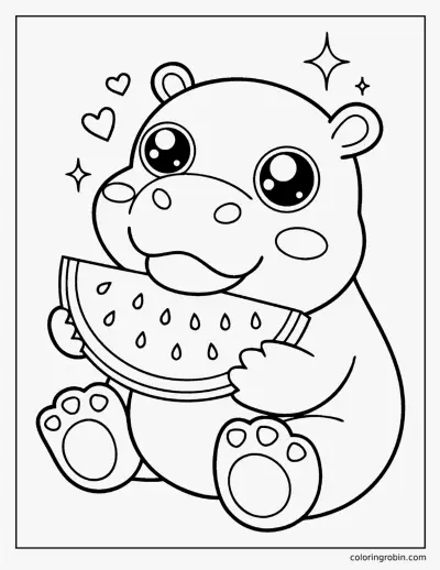 Kawaii Hippo Eating Watermelon coloring page