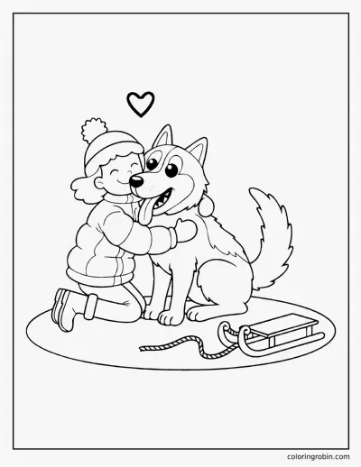 Girl Hugging Her Husky coloring page