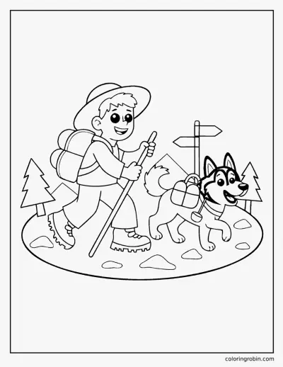 Hiking with a Husky coloring page