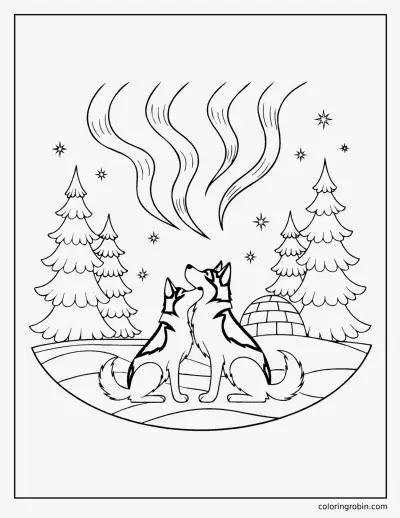Huskies Under the Northern Lights coloring page
