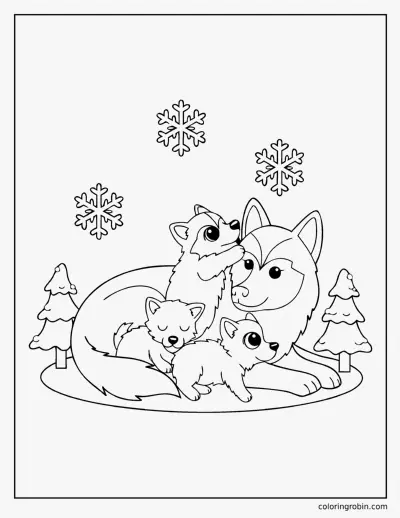 Husky Mother and Puppies coloring page