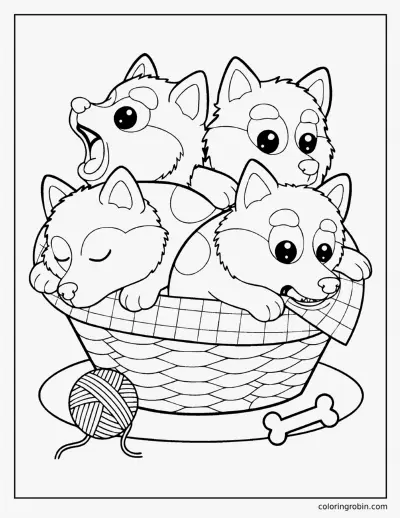 Husky Puppies in a Basket coloring page