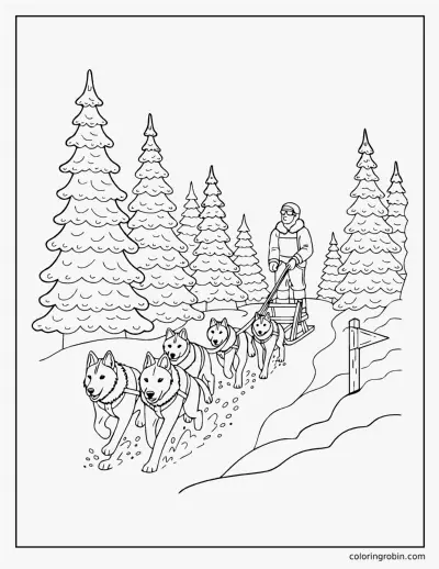 Sled Dog Race Through the Forest coloring page
