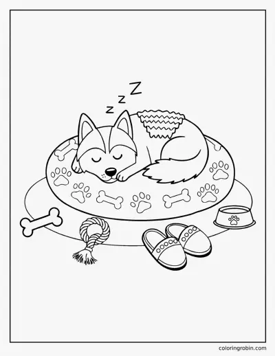 Sleepy Husky in Its Bed coloring page