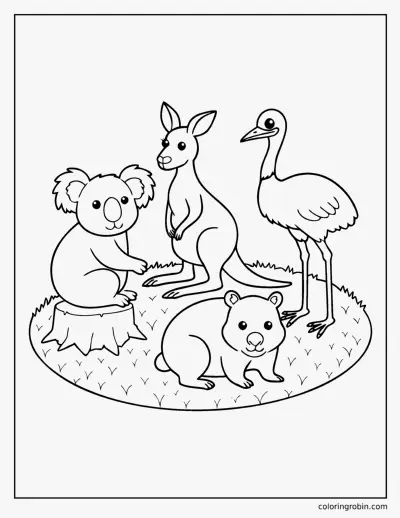 Kangaroo and Australian Animal Friends coloring page