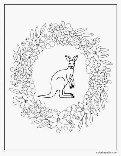Kangaroo in a Wreath of Australian Flowers coloring page