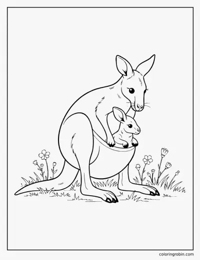 Realistic Kangaroo and Joey coloring page