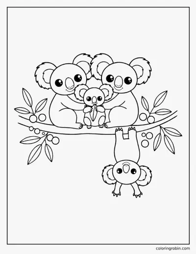 Koala Family on a Branch coloring page
