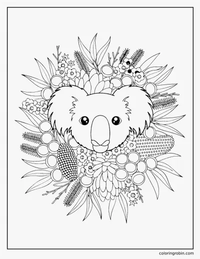 Koala in a Wreath of Australian Flowers coloring page