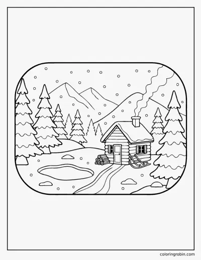 Cabin in the Snowy Mountains coloring page