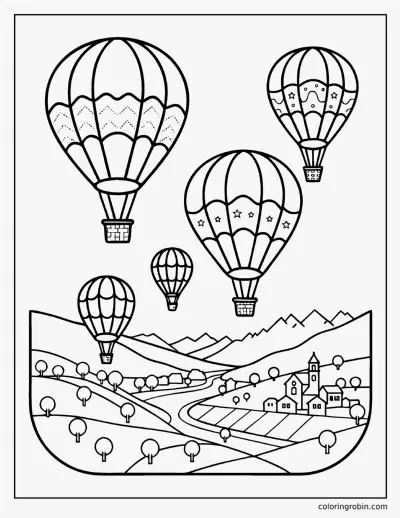 Hot Air Balloons over the Valley coloring page