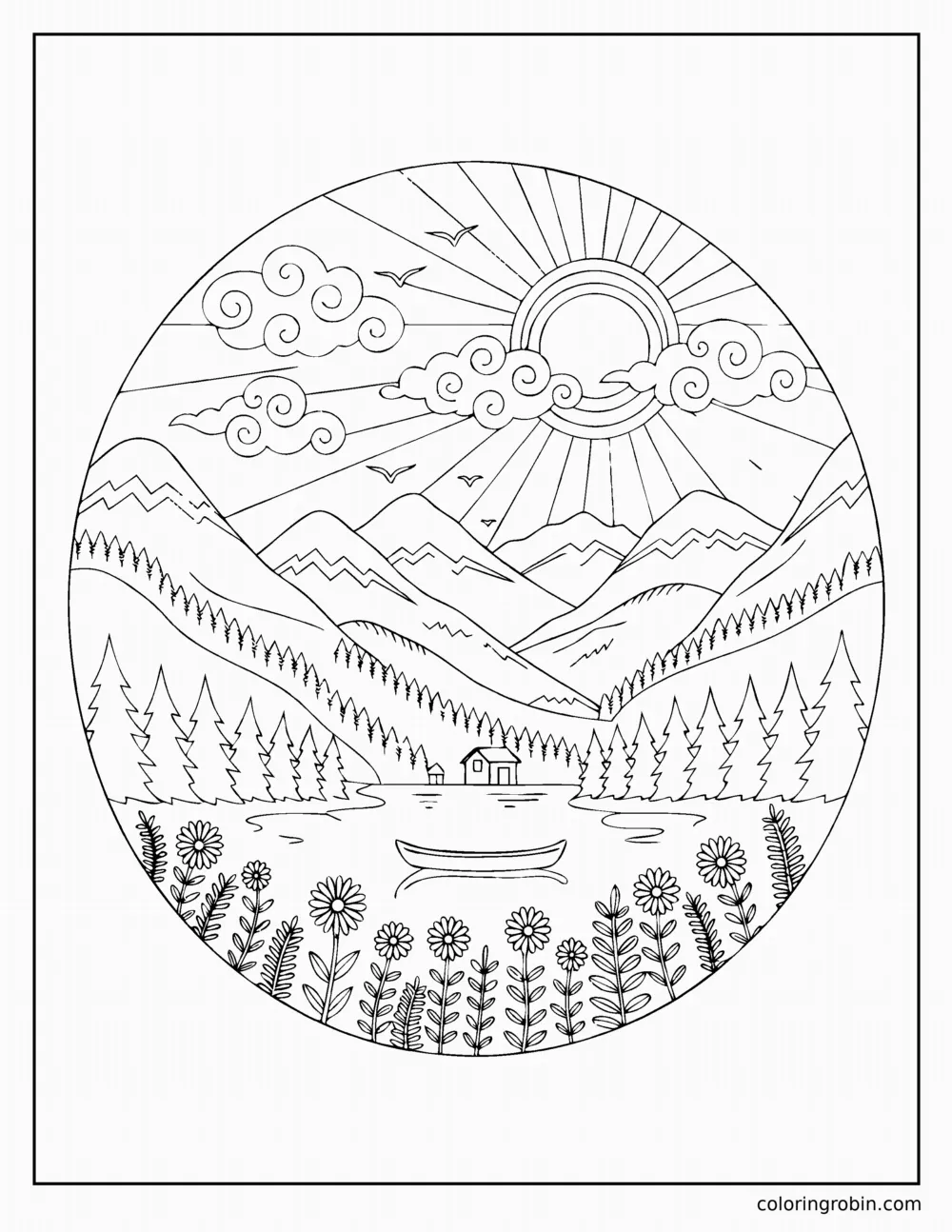 Mountain Landscape in a Circle coloring page