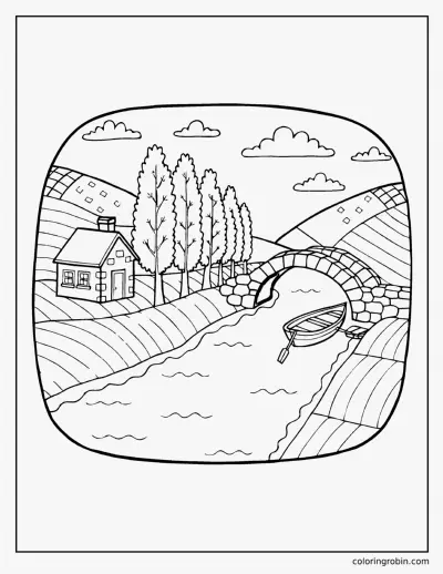 River Valley with a Stone Bridge coloring page