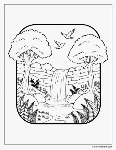 Waterfall in the Forest coloring page