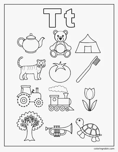 Twelve T Words coloring page
