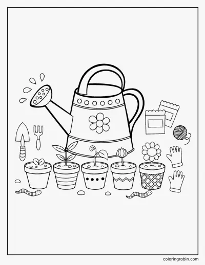Watering Can and Seedlings coloring page