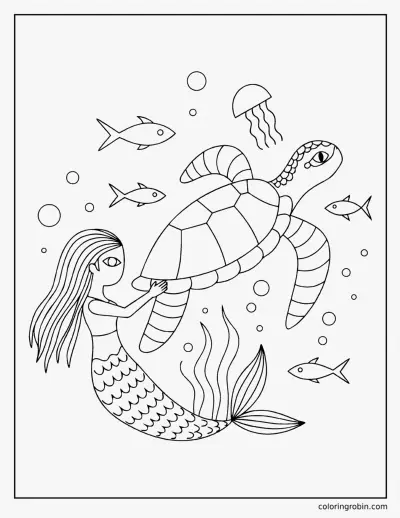 Mermaid and a Sea Turtle coloring page