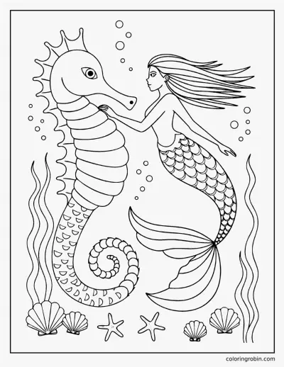 Mermaid and a Seahorse coloring page