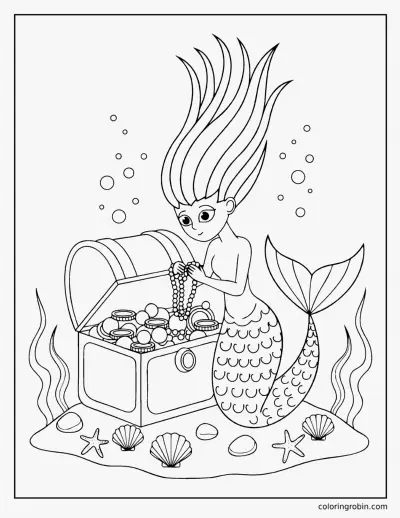 Mermaid and the Treasure Chest coloring page