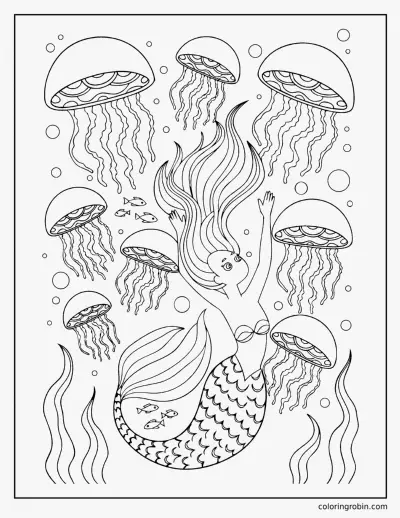 Mermaid with Jellyfish coloring page