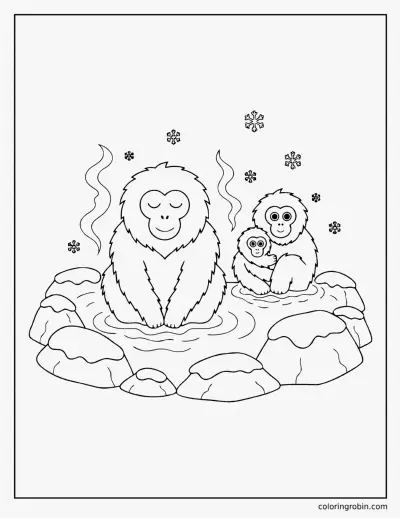 Snow Monkeys in a Hot Spring coloring page