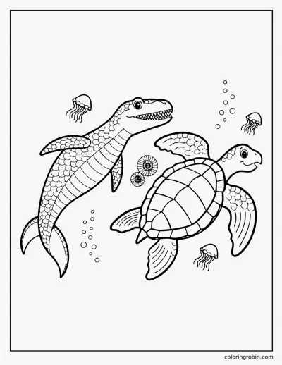 Mosasaurus and Sea Turtle coloring page