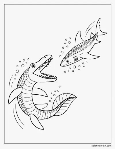 Mosasaurus Chasing a Shark coloring page