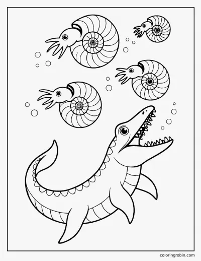 Mosasaurus Hunting Ammonites coloring page