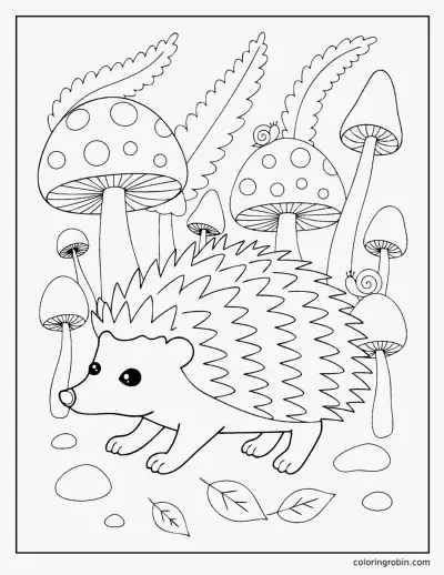 Hedgehog Among Mushrooms coloring page