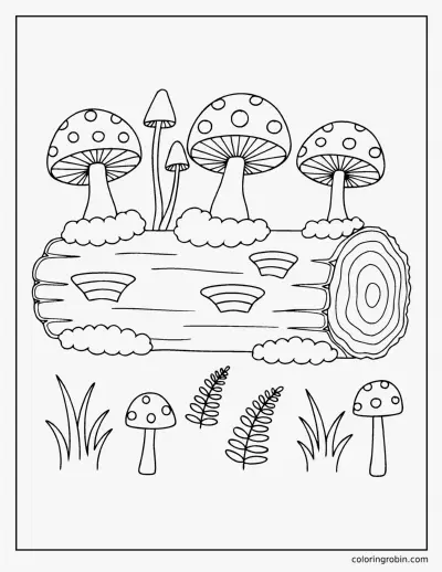 Mushrooms on a Log coloring page