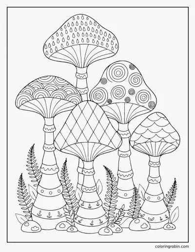 Patterned Toadstools coloring page