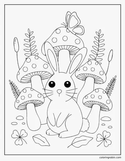 Rabbit Among the Mushrooms coloring page