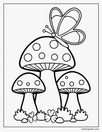 Three Toadstools and a Butterfly coloring page