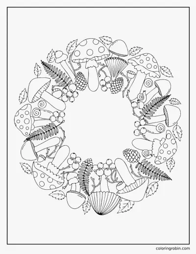Woodland Mushroom Wreath coloring page