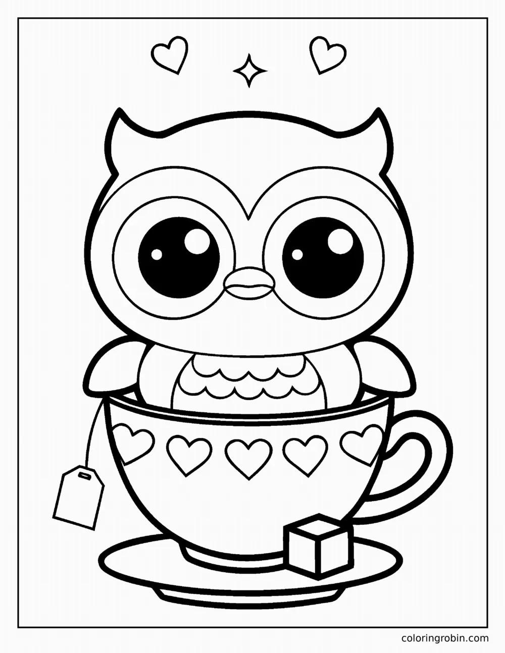 Kawaii Owl in a Teacup coloring page