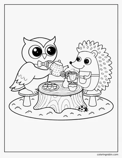 Owl and Hedgehog Tea Party coloring page