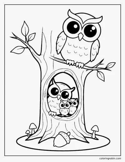 Owl Family in a Tree Hollow coloring page