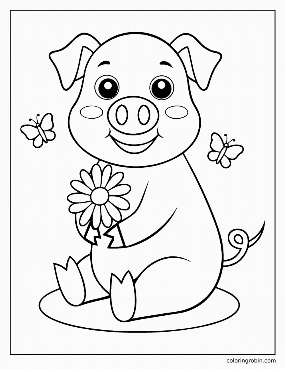 Cute Pig with a Daisy coloring page
