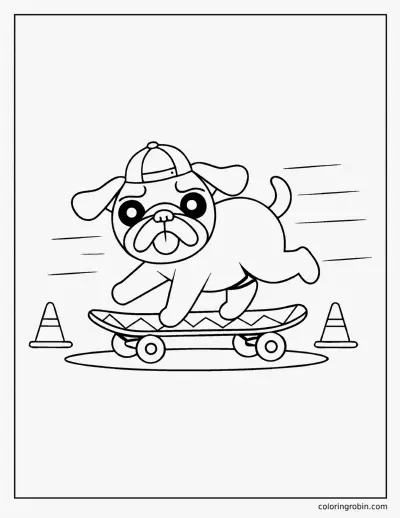 Skateboarding Pug coloring page