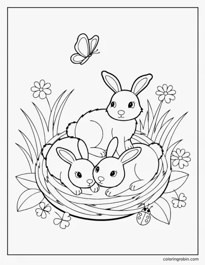 Baby Bunnies in a Nest coloring page