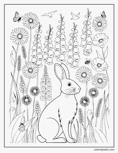 Rabbit in the Wildflowers coloring page