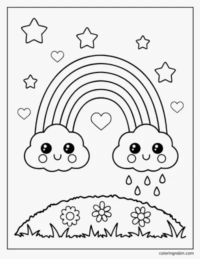Kawaii Rainbow and Clouds coloring page