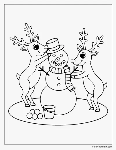 Reindeer Building a Snowman coloring page