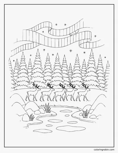 Reindeer Under the Northern Lights coloring page
