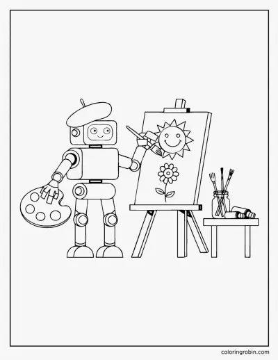 Robot Artist at an Easel coloring page