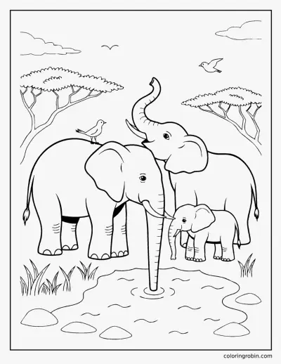 Elephant Family at the Waterhole coloring page