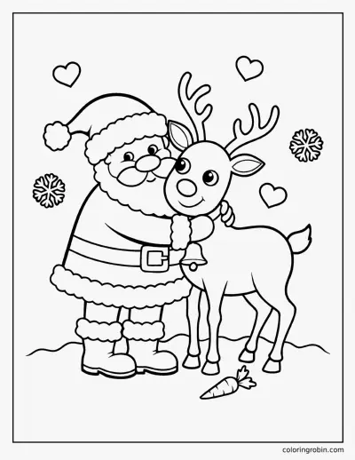 Santa Hugging a Reindeer coloring page