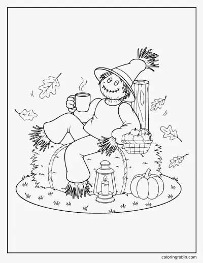 Scarecrow Resting on a Hay Bale coloring page